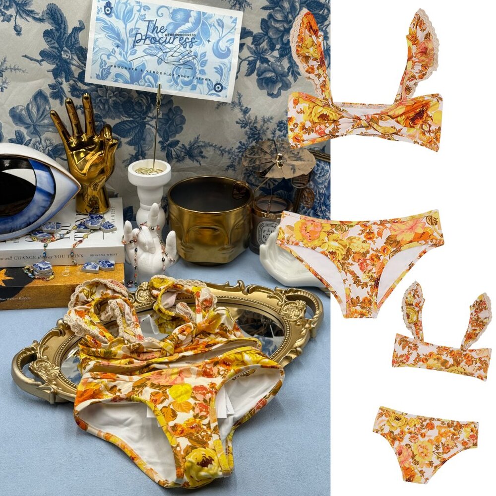 🆕 ZIMMERMANN KIDS 🧿 NWT Raie Trim Tie Front Bikini, Yellow Floral - Sz 1Y